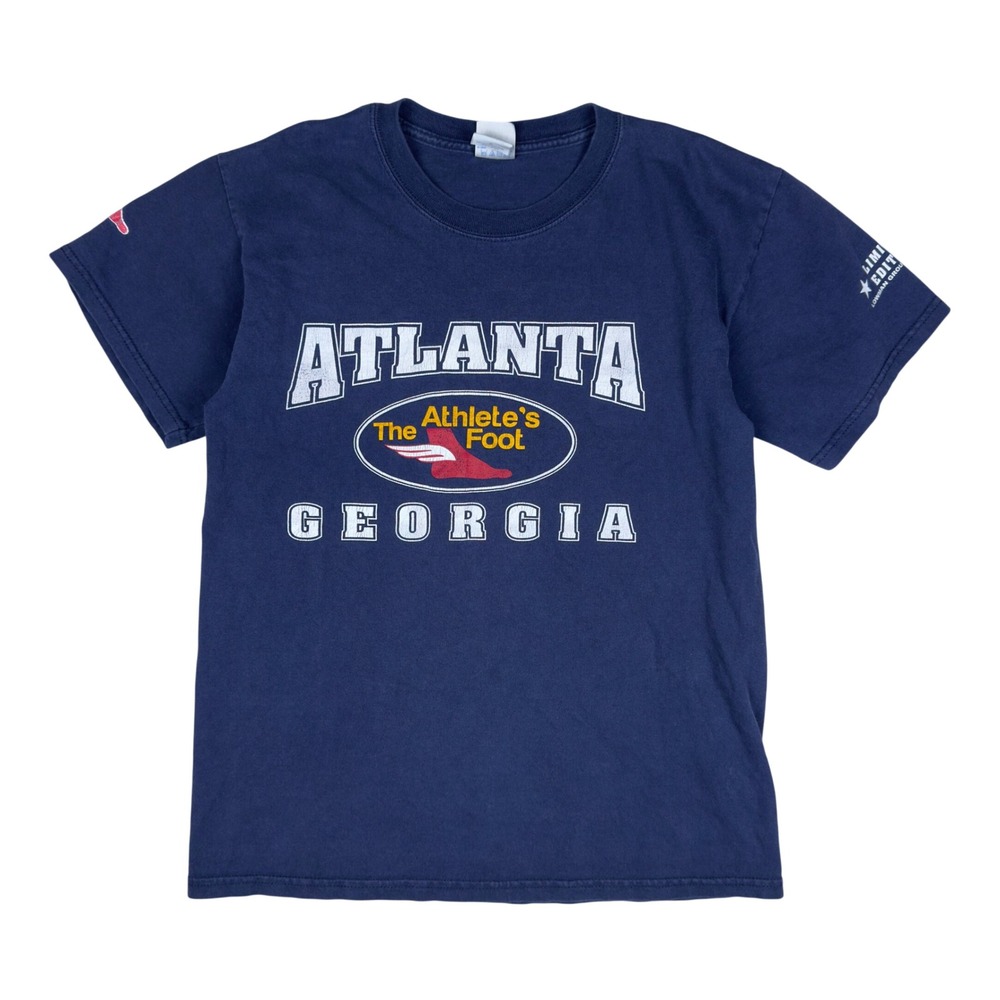 Vtg Atlanta Athletes Foot Graphic T-Shirt Men's Medium Blue Y2K 2002 Promo Tee